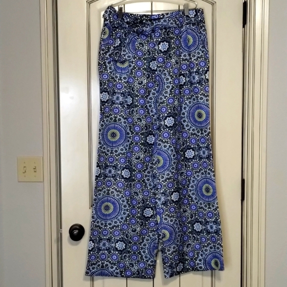 Banana Republic Blue Green Wide Leg Pant Size 8 Tie Waist Funky Print - Picture 1 of 9